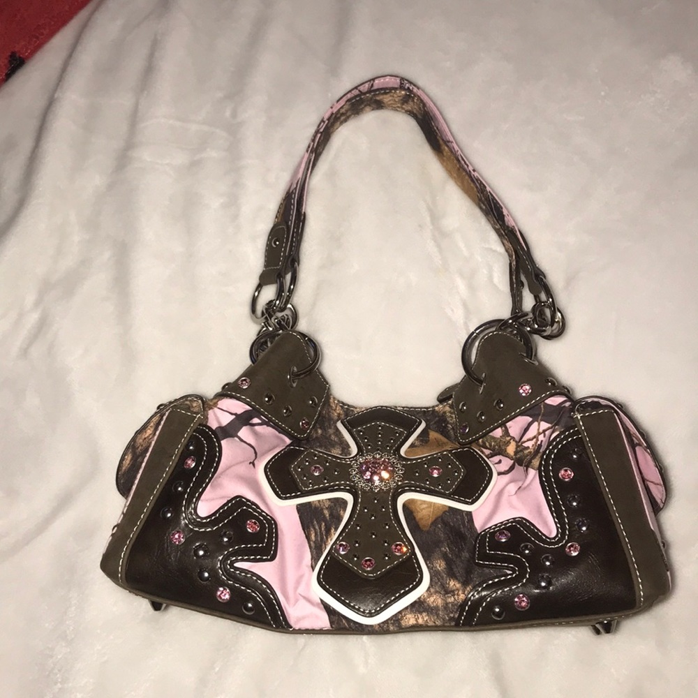 Pink Camo Embellished Purse with Cross